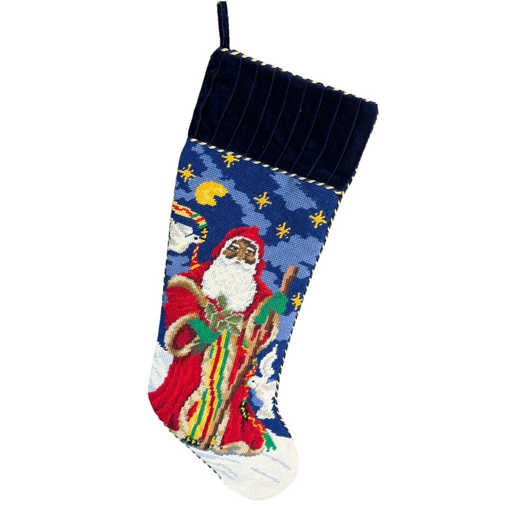Vtg African American Santa Needlepoint Stocking 24" Large Ethnic Wool Handmade